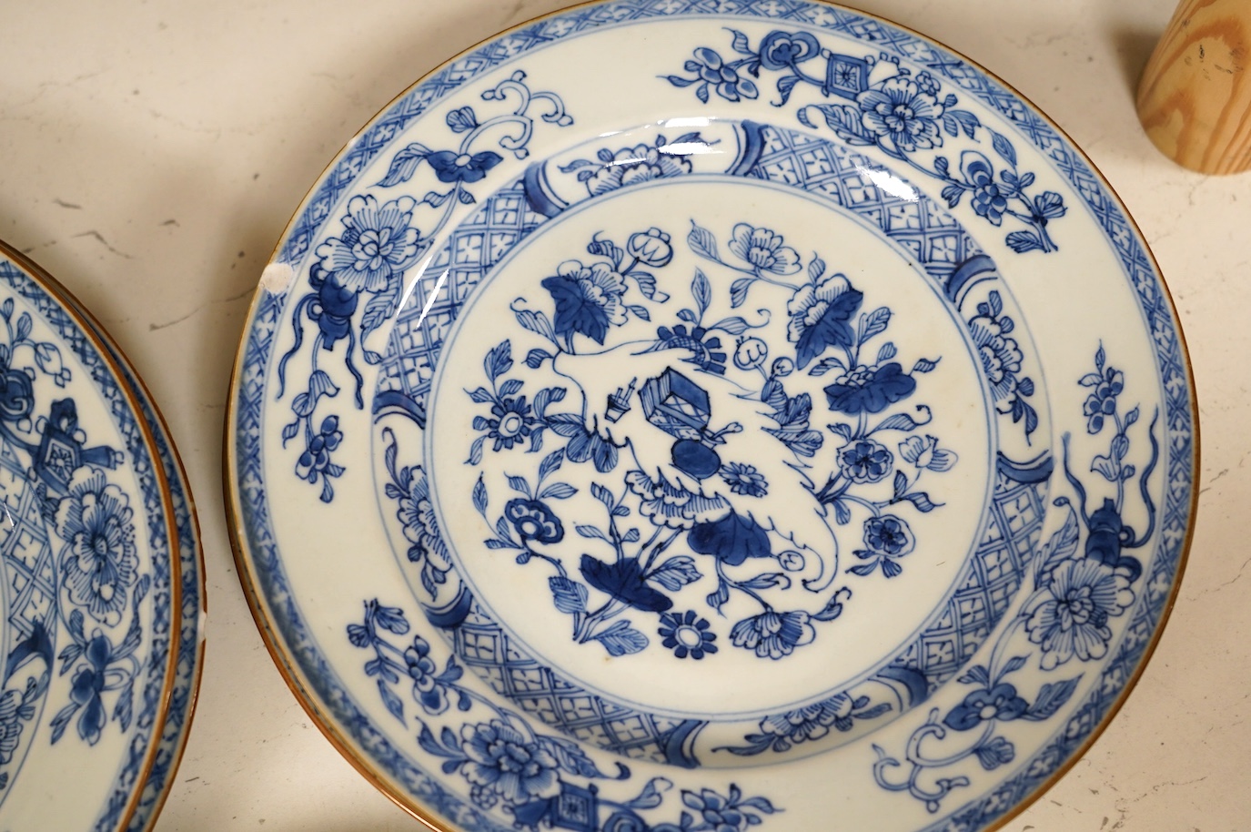 Ten 18th century Chinese export blue and white porcelain plates, each 23cm diameter. Condition - fair, some minor chipping